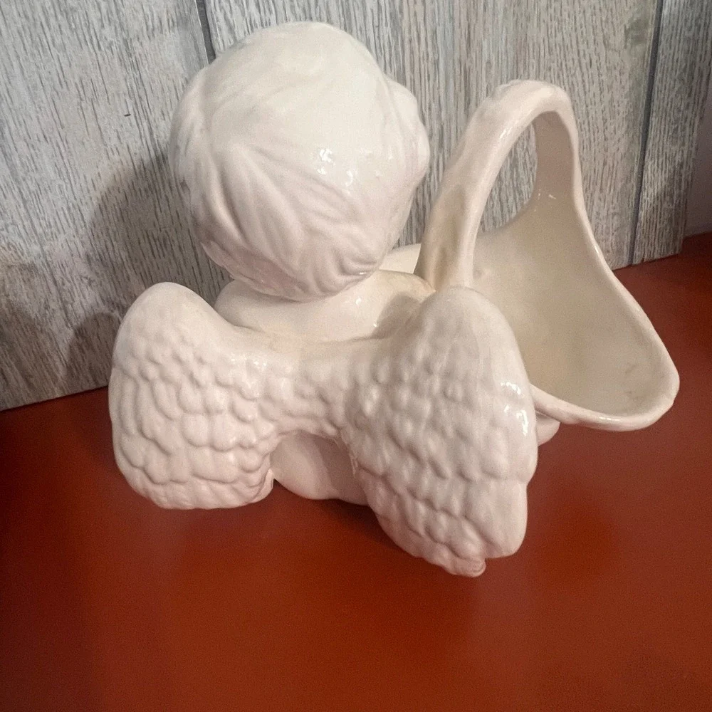 Vintage Ceramic Cherub Angel Figurine Planter Basket Trinket Dish Cream White